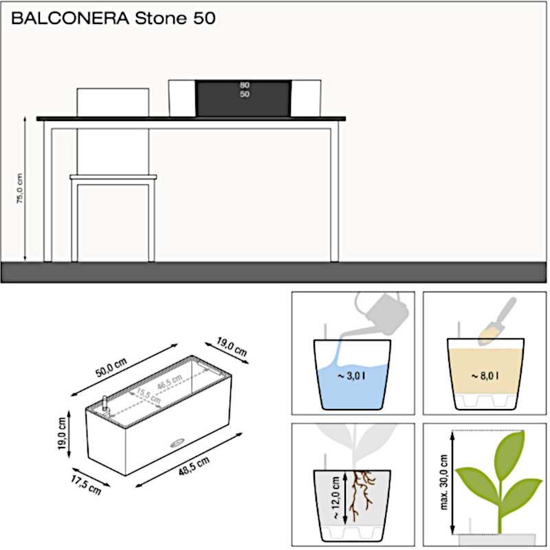 Fioriera Balconera Stone 50 - Set completo - Lechuza