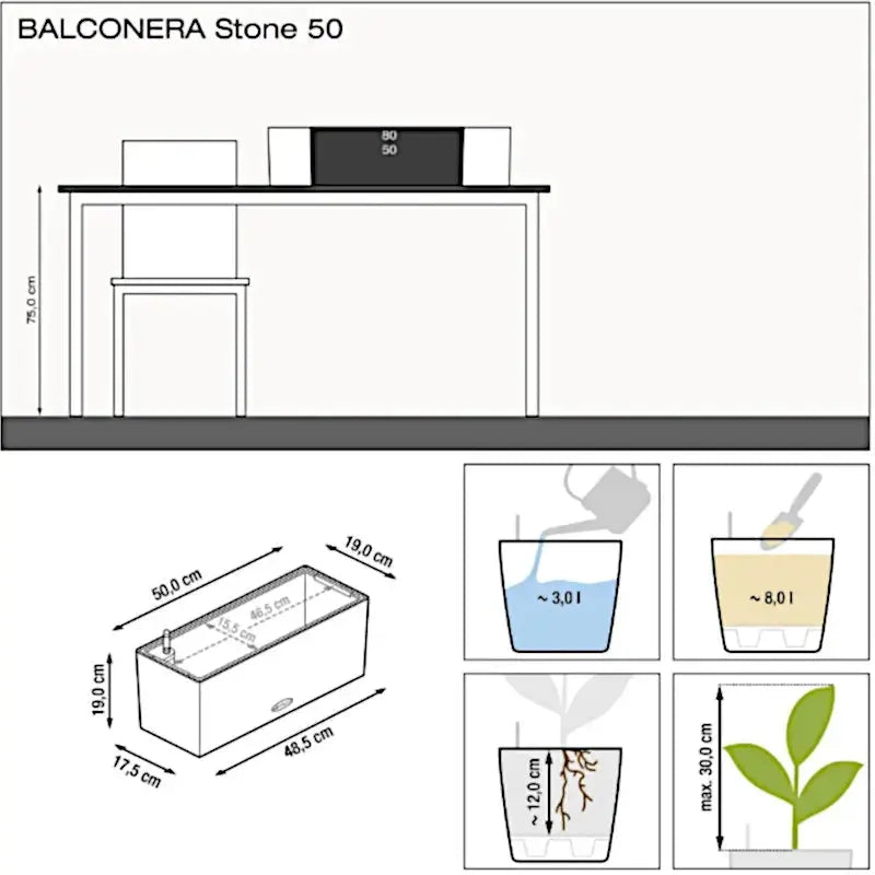 Fioriera Balconera Stone 50 - Set completo - Lechuza - Planteon