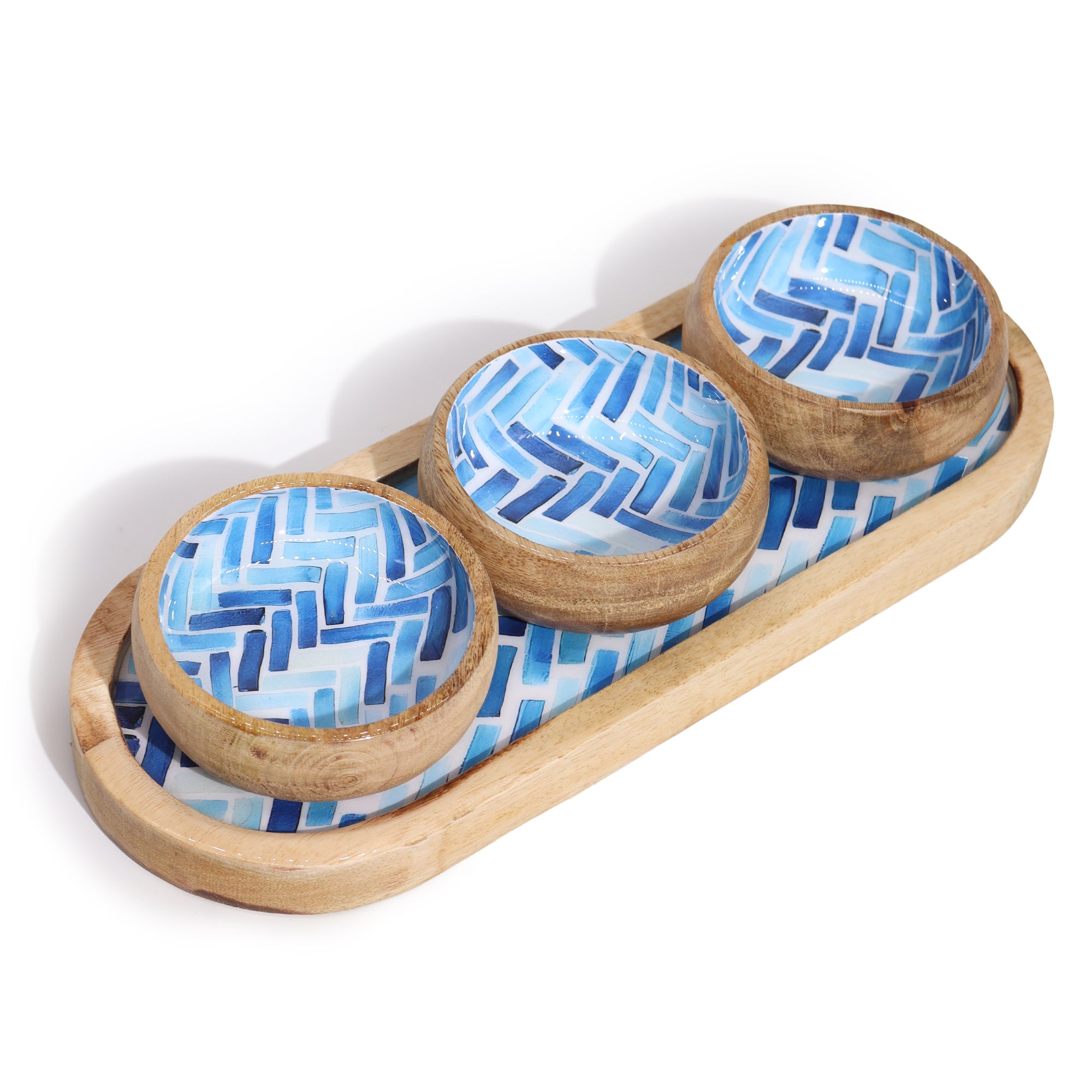 Set Vassoio in Legno di Mango con 3 Ciotole – Strisce Blu