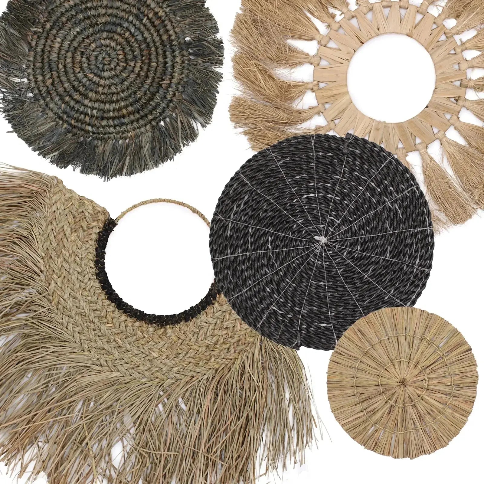 Set di 6 Wall Art Naturali in Rattan ed Erba Marina – Forme Geometriche Circolari
