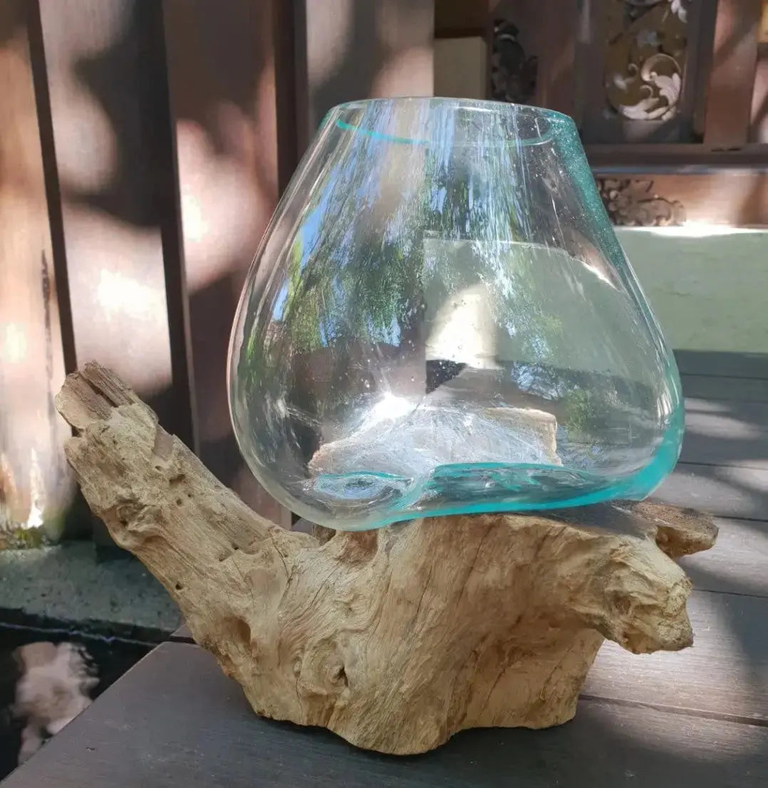 Ciotola Grande in Vetro Fuso su Legno – Artigianale Bali - Planteon
