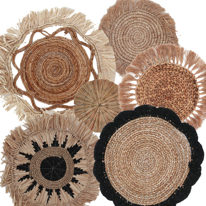 Set di 6 Wall Art Naturali in Rattan ed Erba Marina – Forme Geometriche Circolari