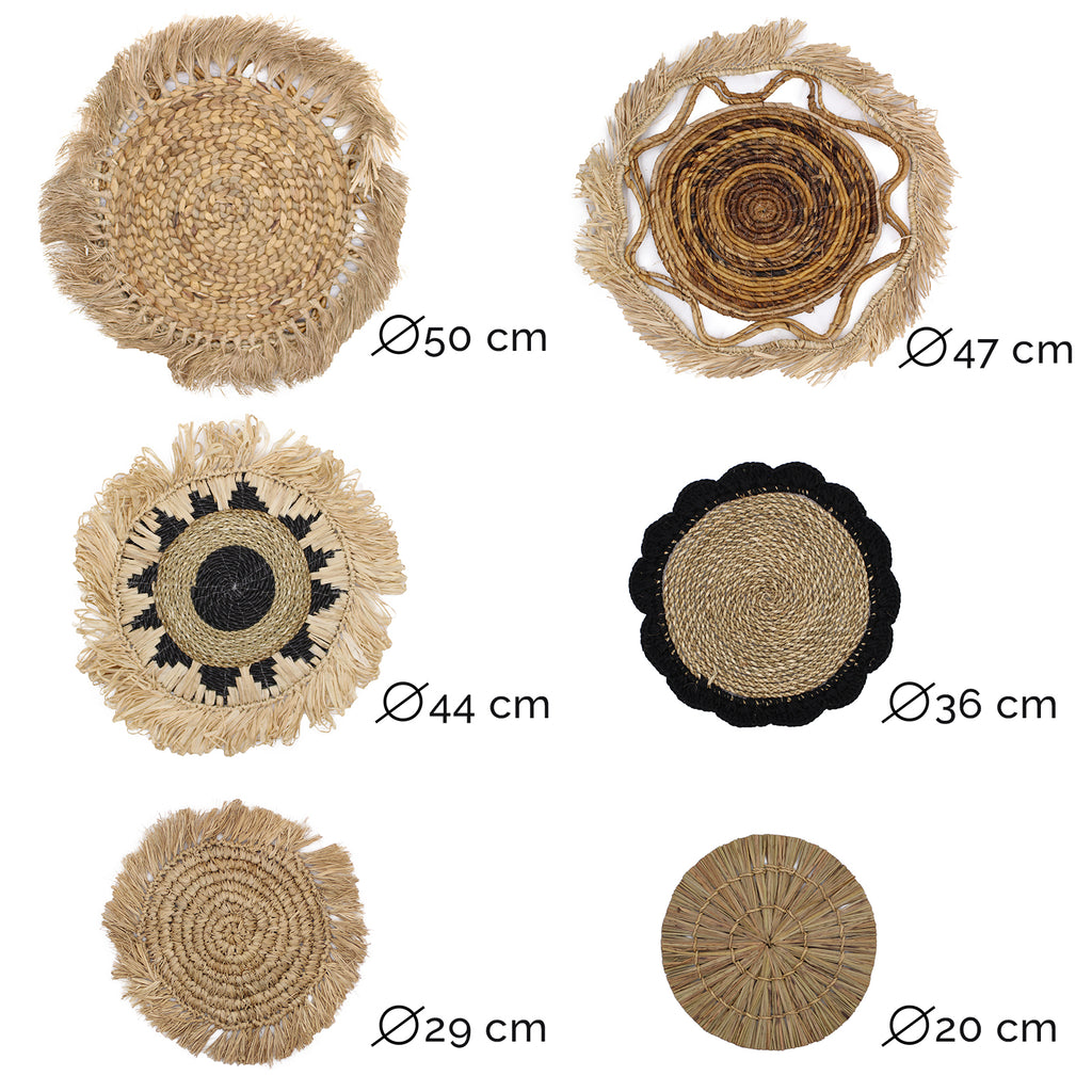 Set di 6 Wall Art Naturali in Rattan ed Erba Marina – Forme Geometriche Circolari