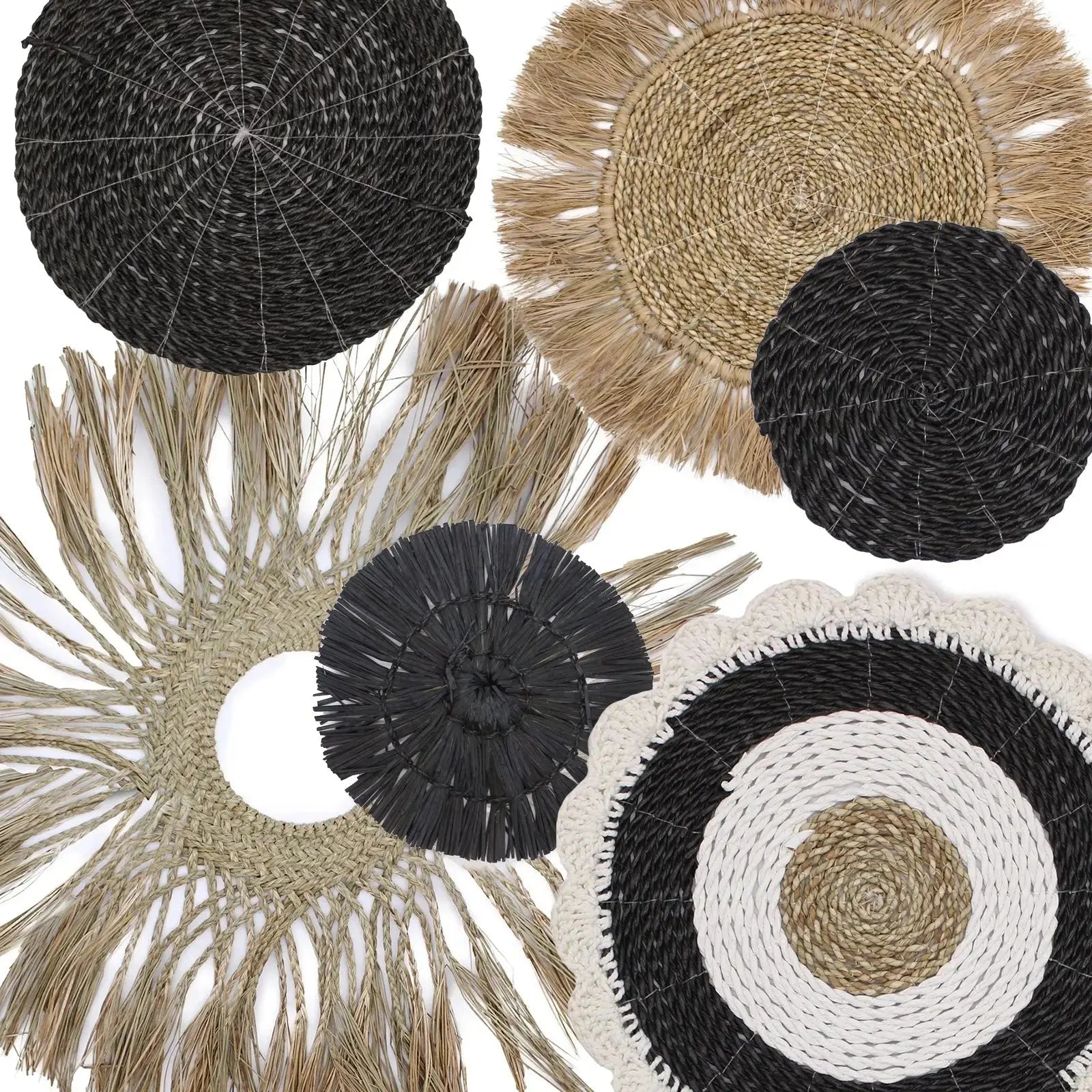 Set di 6 Wall Art Naturali in Rattan ed Erba Marina – Forme Geometriche Circolari - Planteon