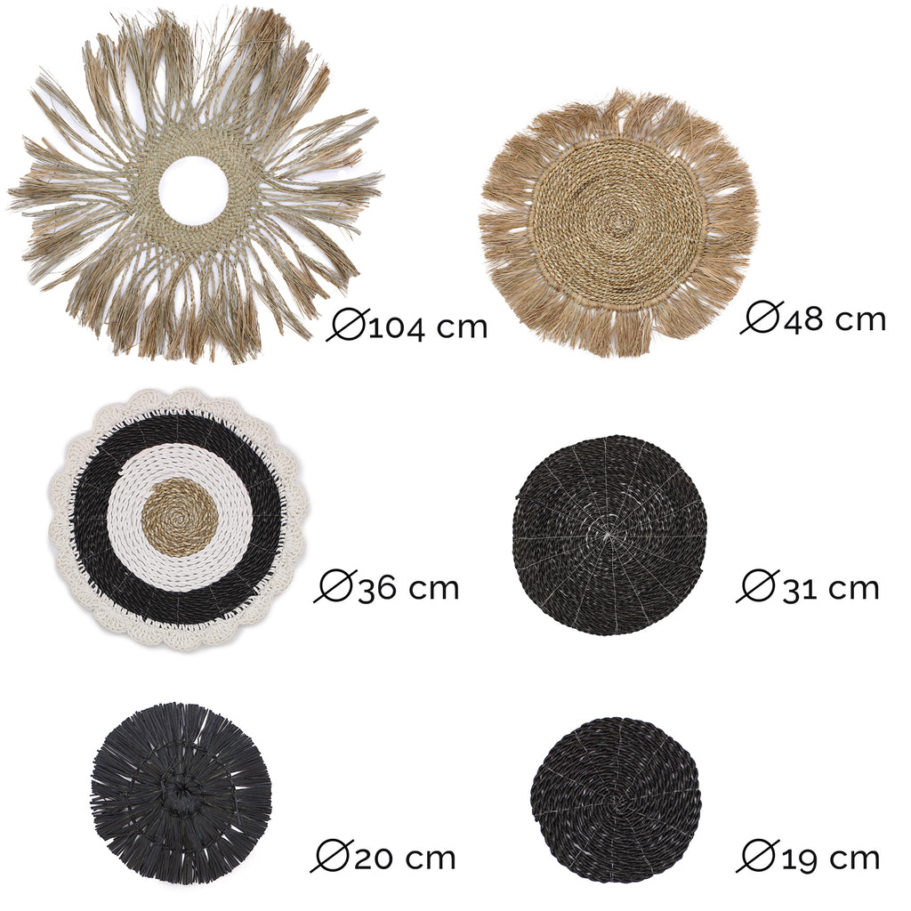 Set di 6 Wall Art Naturali in Rattan ed Erba Marina – Forme Geometriche Circolari