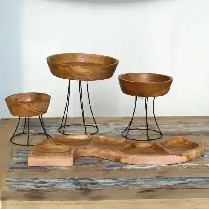 Set di 3 Ciotole Elevate in Teak con Supporto in Metallo - Planteon