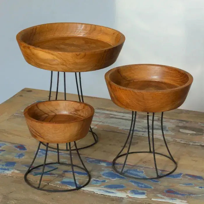 Set di 3 Ciotole Elevate in Teak con Supporto in Metallo - Planteon