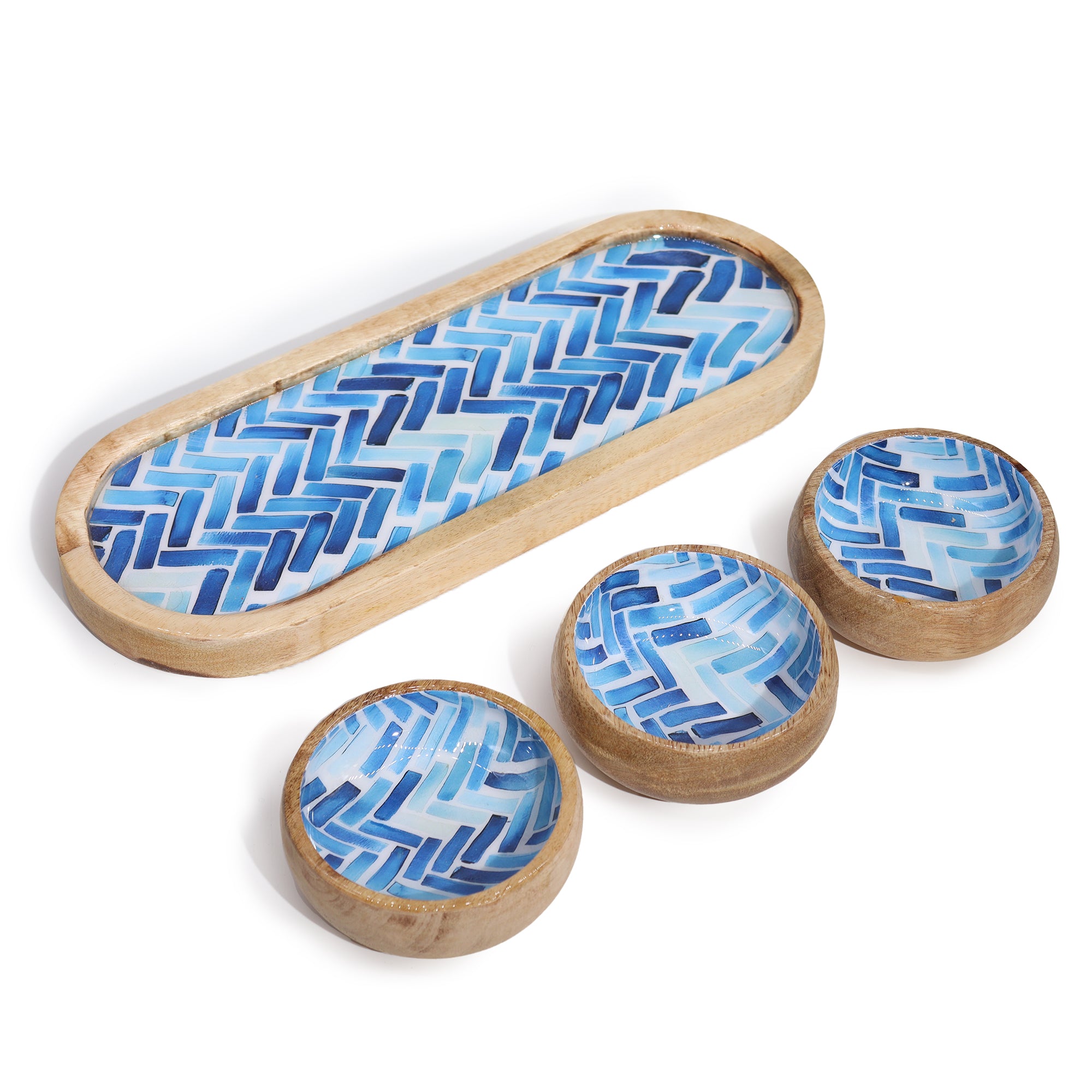 Set Vassoio in Legno di Mango con 3 Ciotole – Strisce Blu