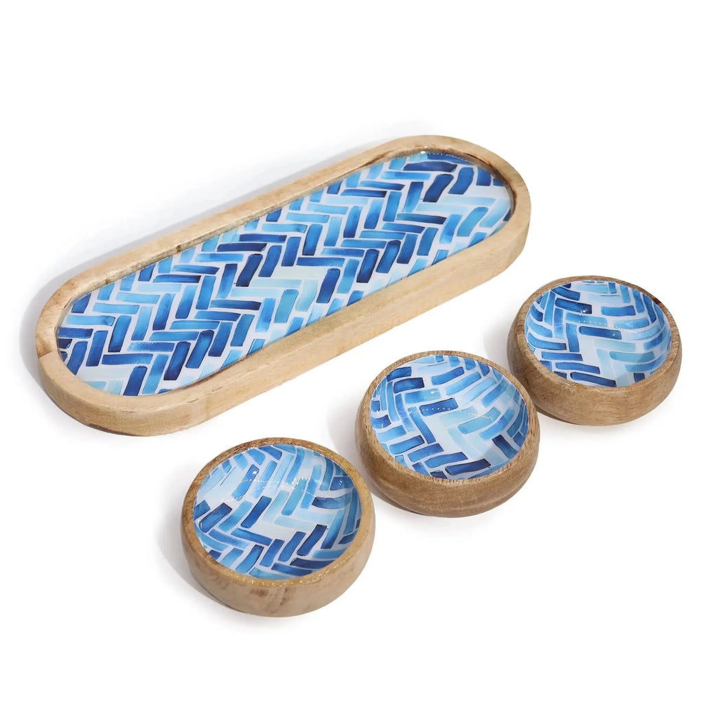 Set Vassoio in Legno di Mango con 3 Ciotole – Strisce Blu - Planteon