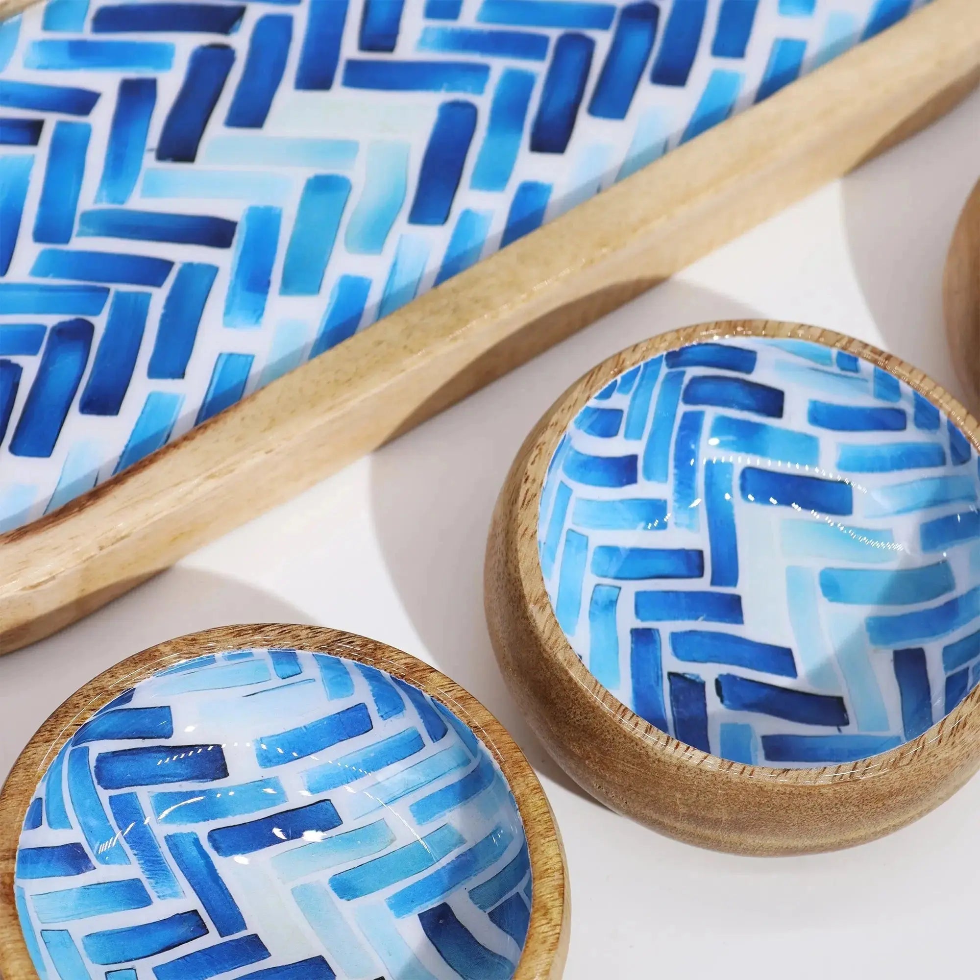Set Vassoio in Legno di Mango con 3 Ciotole – Strisce Blu - Planteon